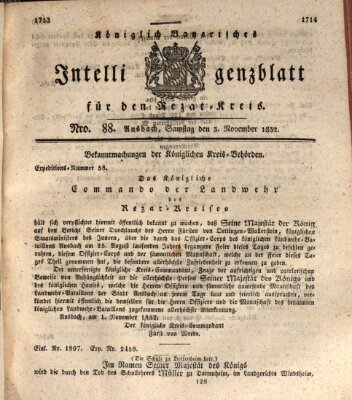 Königlich Bayerisches Intelligenzblatt für den Rezat-Kreis (Ansbacher Intelligenz-Zeitung) Samstag 3. November 1832