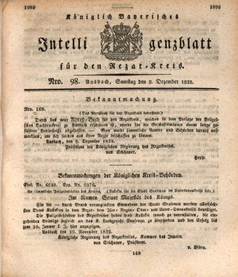 Königlich Bayerisches Intelligenzblatt für den Rezat-Kreis (Ansbacher Intelligenz-Zeitung) Samstag 8. Dezember 1832