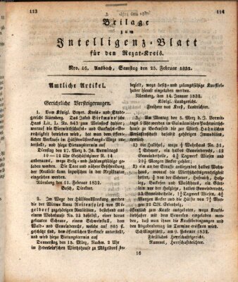 Königlich Bayerisches Intelligenzblatt für den Rezat-Kreis (Ansbacher Intelligenz-Zeitung) Samstag 25. Februar 1832