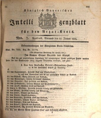 Königlich Bayerisches Intelligenzblatt für den Rezat-Kreis (Ansbacher Intelligenz-Zeitung) Mittwoch 23. Januar 1833