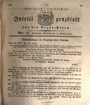 Königlich Bayerisches Intelligenzblatt für den Rezat-Kreis (Ansbacher Intelligenz-Zeitung) Mittwoch 13. Februar 1833