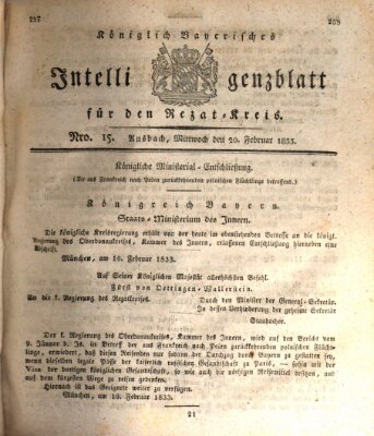 Königlich Bayerisches Intelligenzblatt für den Rezat-Kreis (Ansbacher Intelligenz-Zeitung) Mittwoch 20. Februar 1833