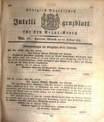 Königlich Bayerisches Intelligenzblatt für den Rezat-Kreis (Ansbacher Intelligenz-Zeitung) Mittwoch 27. Februar 1833