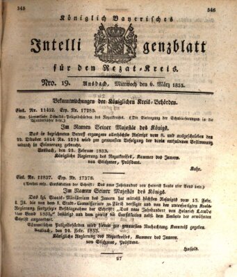 Königlich Bayerisches Intelligenzblatt für den Rezat-Kreis (Ansbacher Intelligenz-Zeitung) Mittwoch 6. März 1833