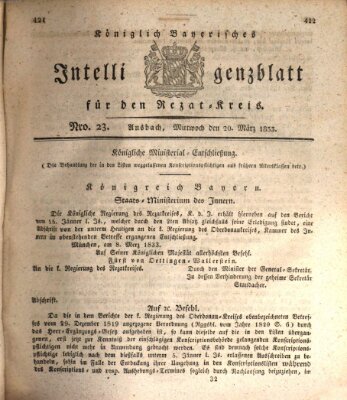 Königlich Bayerisches Intelligenzblatt für den Rezat-Kreis (Ansbacher Intelligenz-Zeitung) Mittwoch 20. März 1833