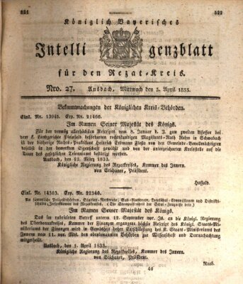 Königlich Bayerisches Intelligenzblatt für den Rezat-Kreis (Ansbacher Intelligenz-Zeitung) Mittwoch 3. April 1833