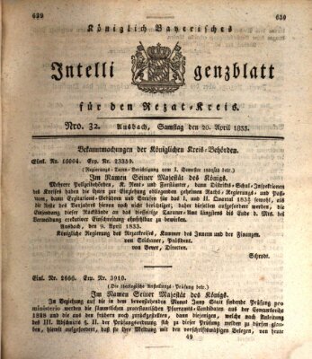 Königlich Bayerisches Intelligenzblatt für den Rezat-Kreis (Ansbacher Intelligenz-Zeitung) Samstag 20. April 1833