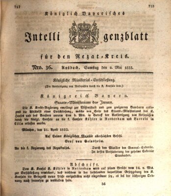 Königlich Bayerisches Intelligenzblatt für den Rezat-Kreis (Ansbacher Intelligenz-Zeitung) Samstag 4. Mai 1833