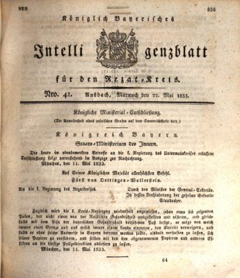 Königlich Bayerisches Intelligenzblatt für den Rezat-Kreis (Ansbacher Intelligenz-Zeitung) Mittwoch 22. Mai 1833