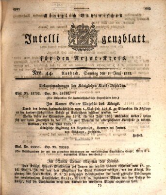 Königlich Bayerisches Intelligenzblatt für den Rezat-Kreis (Ansbacher Intelligenz-Zeitung) Samstag 1. Juni 1833