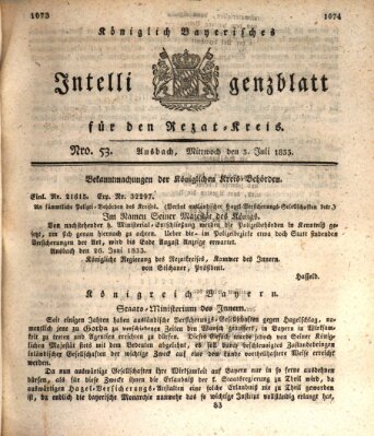 Königlich Bayerisches Intelligenzblatt für den Rezat-Kreis (Ansbacher Intelligenz-Zeitung) Mittwoch 3. Juli 1833