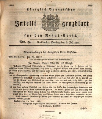 Königlich Bayerisches Intelligenzblatt für den Rezat-Kreis (Ansbacher Intelligenz-Zeitung) Samstag 6. Juli 1833