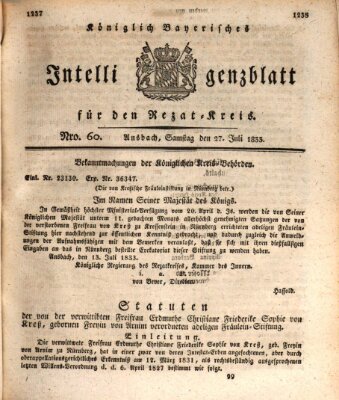 Königlich Bayerisches Intelligenzblatt für den Rezat-Kreis (Ansbacher Intelligenz-Zeitung) Samstag 27. Juli 1833