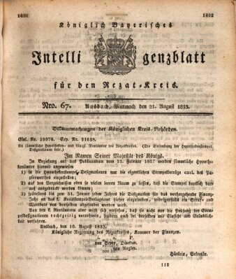 Königlich Bayerisches Intelligenzblatt für den Rezat-Kreis (Ansbacher Intelligenz-Zeitung) Mittwoch 21. August 1833