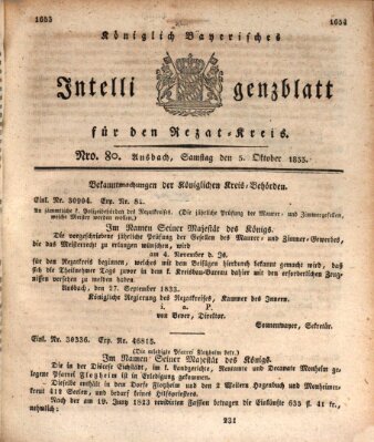 Königlich Bayerisches Intelligenzblatt für den Rezat-Kreis (Ansbacher Intelligenz-Zeitung) Samstag 5. Oktober 1833