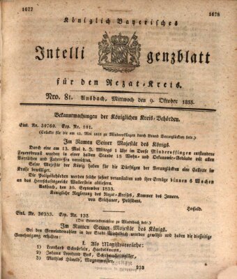 Königlich Bayerisches Intelligenzblatt für den Rezat-Kreis (Ansbacher Intelligenz-Zeitung) Mittwoch 9. Oktober 1833