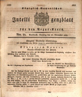 Königlich Bayerisches Intelligenzblatt für den Rezat-Kreis (Ansbacher Intelligenz-Zeitung) Samstag 16. November 1833
