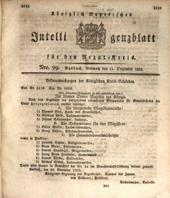 Königlich Bayerisches Intelligenzblatt für den Rezat-Kreis (Ansbacher Intelligenz-Zeitung) Mittwoch 11. Dezember 1833