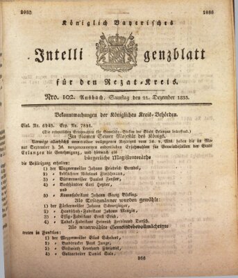 Königlich Bayerisches Intelligenzblatt für den Rezat-Kreis (Ansbacher Intelligenz-Zeitung) Samstag 21. Dezember 1833