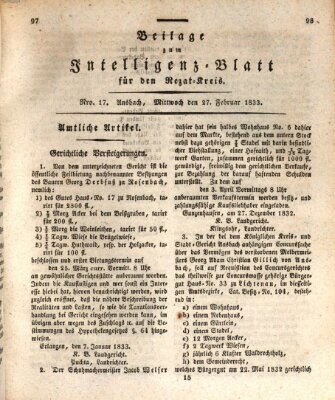 Königlich Bayerisches Intelligenzblatt für den Rezat-Kreis (Ansbacher Intelligenz-Zeitung) Mittwoch 27. Februar 1833