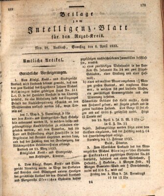 Königlich Bayerisches Intelligenzblatt für den Rezat-Kreis (Ansbacher Intelligenz-Zeitung) Samstag 6. April 1833