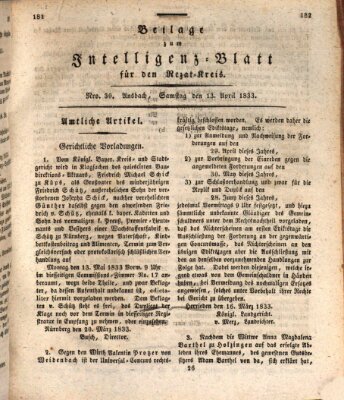 Königlich Bayerisches Intelligenzblatt für den Rezat-Kreis (Ansbacher Intelligenz-Zeitung) Samstag 13. April 1833