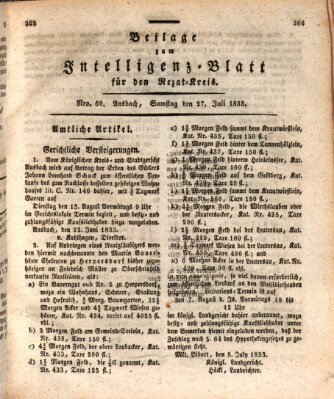 Königlich Bayerisches Intelligenzblatt für den Rezat-Kreis (Ansbacher Intelligenz-Zeitung) Samstag 27. Juli 1833