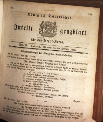 Königlich Bayerisches Intelligenzblatt für den Rezat-Kreis (Ansbacher Intelligenz-Zeitung) Mittwoch 4. Februar 1835