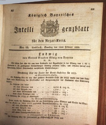 Königlich Bayerisches Intelligenzblatt für den Rezat-Kreis (Ansbacher Intelligenz-Zeitung) Samstag 14. Februar 1835