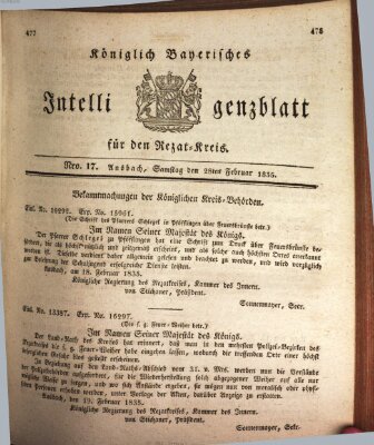 Königlich Bayerisches Intelligenzblatt für den Rezat-Kreis (Ansbacher Intelligenz-Zeitung) Samstag 28. Februar 1835