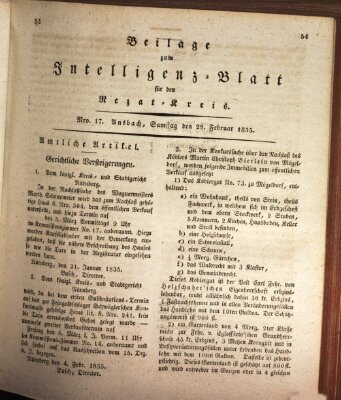 Königlich Bayerisches Intelligenzblatt für den Rezat-Kreis (Ansbacher Intelligenz-Zeitung) Samstag 28. Februar 1835