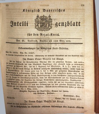 Königlich Bayerisches Intelligenzblatt für den Rezat-Kreis (Ansbacher Intelligenz-Zeitung) Samstag 14. März 1835