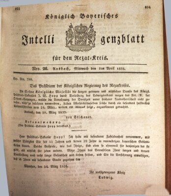 Königlich Bayerisches Intelligenzblatt für den Rezat-Kreis (Ansbacher Intelligenz-Zeitung) Mittwoch 1. April 1835