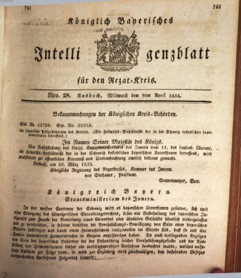 Königlich Bayerisches Intelligenzblatt für den Rezat-Kreis (Ansbacher Intelligenz-Zeitung) Mittwoch 8. April 1835