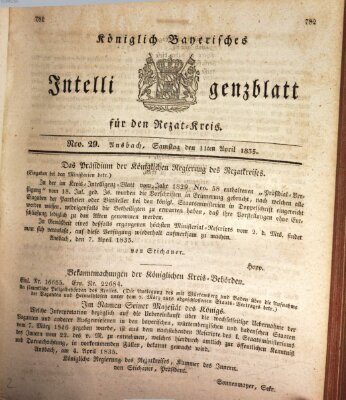 Königlich Bayerisches Intelligenzblatt für den Rezat-Kreis (Ansbacher Intelligenz-Zeitung) Samstag 11. April 1835