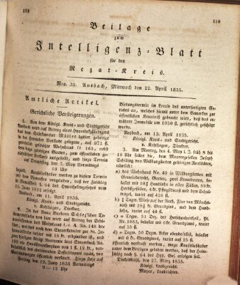 Königlich Bayerisches Intelligenzblatt für den Rezat-Kreis (Ansbacher Intelligenz-Zeitung) Mittwoch 22. April 1835