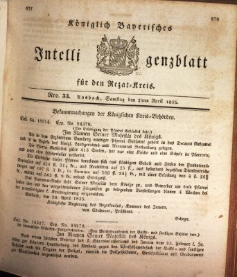 Königlich Bayerisches Intelligenzblatt für den Rezat-Kreis (Ansbacher Intelligenz-Zeitung) Samstag 25. April 1835