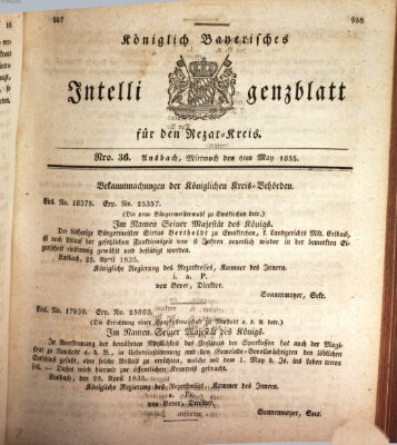 Königlich Bayerisches Intelligenzblatt für den Rezat-Kreis (Ansbacher Intelligenz-Zeitung) Mittwoch 6. Mai 1835