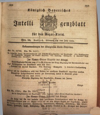 Königlich Bayerisches Intelligenzblatt für den Rezat-Kreis (Ansbacher Intelligenz-Zeitung) Mittwoch 1. Juli 1835