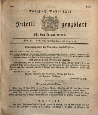 Königlich Bayerisches Intelligenzblatt für den Rezat-Kreis (Ansbacher Intelligenz-Zeitung) Samstag 11. Juli 1835