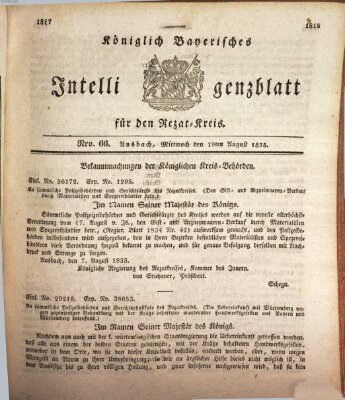 Königlich Bayerisches Intelligenzblatt für den Rezat-Kreis (Ansbacher Intelligenz-Zeitung) Mittwoch 19. August 1835