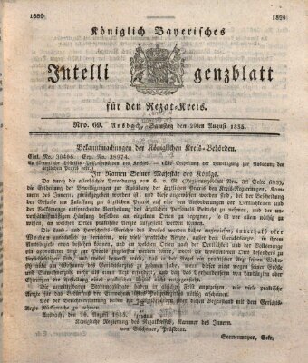 Königlich Bayerisches Intelligenzblatt für den Rezat-Kreis (Ansbacher Intelligenz-Zeitung) Samstag 29. August 1835