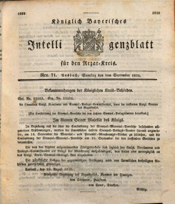 Königlich Bayerisches Intelligenzblatt für den Rezat-Kreis (Ansbacher Intelligenz-Zeitung) Samstag 5. September 1835