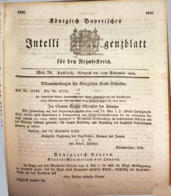 Königlich Bayerisches Intelligenzblatt für den Rezat-Kreis (Ansbacher Intelligenz-Zeitung) Mittwoch 30. September 1835