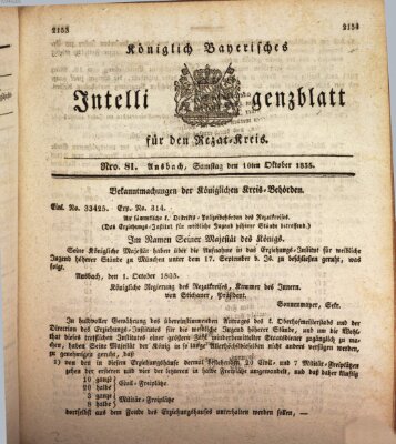 Königlich Bayerisches Intelligenzblatt für den Rezat-Kreis (Ansbacher Intelligenz-Zeitung) Samstag 10. Oktober 1835