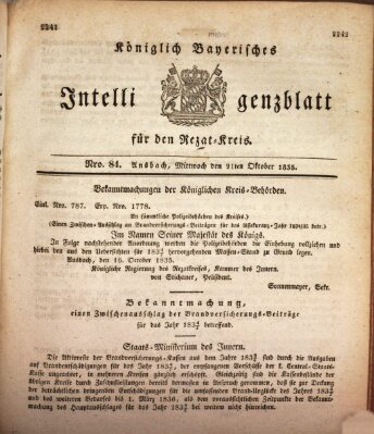 Königlich Bayerisches Intelligenzblatt für den Rezat-Kreis (Ansbacher Intelligenz-Zeitung) Mittwoch 21. Oktober 1835