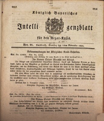 Königlich Bayerisches Intelligenzblatt für den Rezat-Kreis (Ansbacher Intelligenz-Zeitung) Samstag 14. November 1835