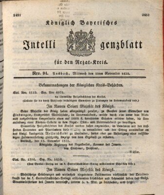 Königlich Bayerisches Intelligenzblatt für den Rezat-Kreis (Ansbacher Intelligenz-Zeitung) Mittwoch 25. November 1835