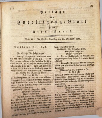 Königlich Bayerisches Intelligenzblatt für den Rezat-Kreis (Ansbacher Intelligenz-Zeitung) Samstag 19. Dezember 1835