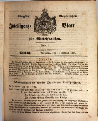 Königlich Bayerisches Intelligenzblatt für Mittelfranken (Ansbacher Intelligenz-Zeitung) Mittwoch 14. Februar 1838